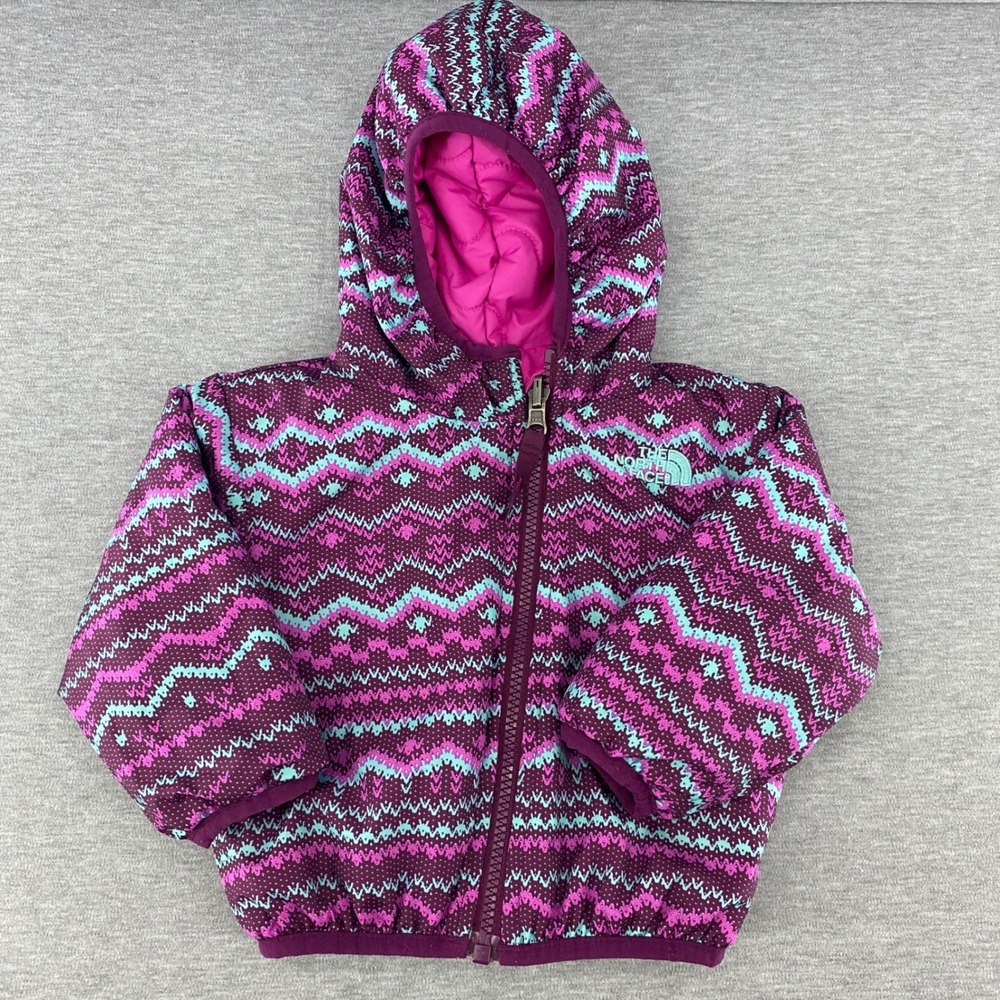 The North Face Reversible Infant Toddler Hooded Puffer Jacket Pink Purple 0-3 mo